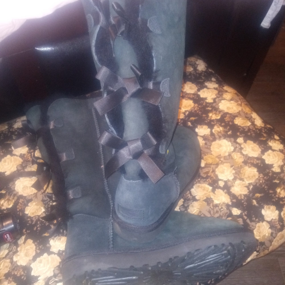 UGG Charcoal Knee-High Boots with Bow Accents